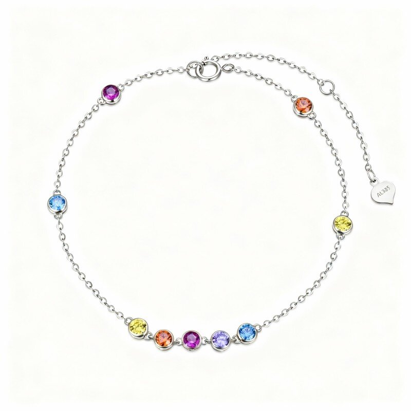 Tobillera de oro blanco de 10 quilates con circonitas cúbicas de talla redonda y dije de chakras de una sola capa-15