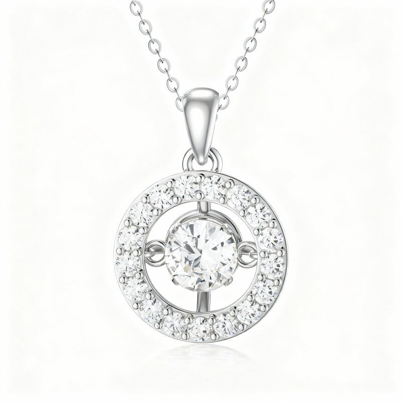 10K White Gold Round Cut Cubic Zirconia Circle Pendant Necklace-3
