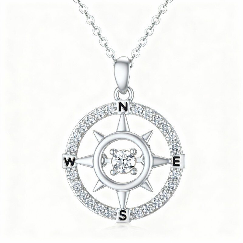 Colar com pendente de bússola em ouro branco de 10 quilates com zircónias cúbicas de corte redondo e iniciais E, N, S e W.-17