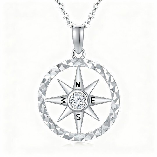 10K White Gold Round Cut Cubic Zirconia Compass Pendant Necklace