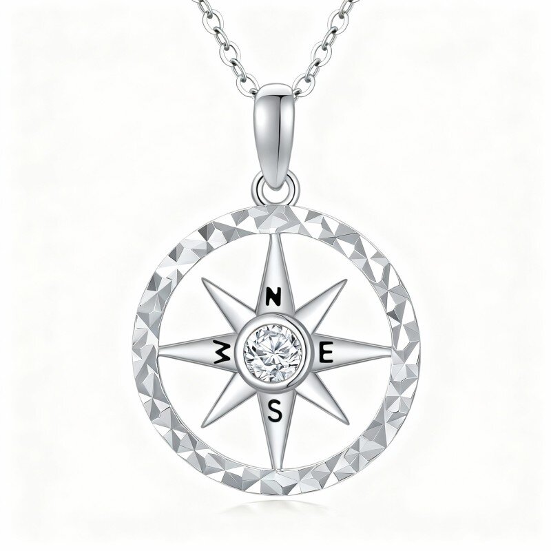 10K White Gold Round Cut Cubic Zirconia Compass Pendant Necklace-7