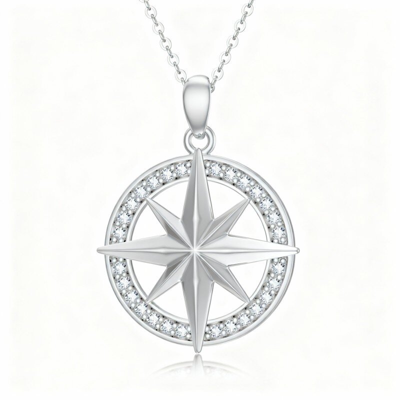 10K White Gold Round Cut Cubic Zirconia Compass Pendant Necklace-5