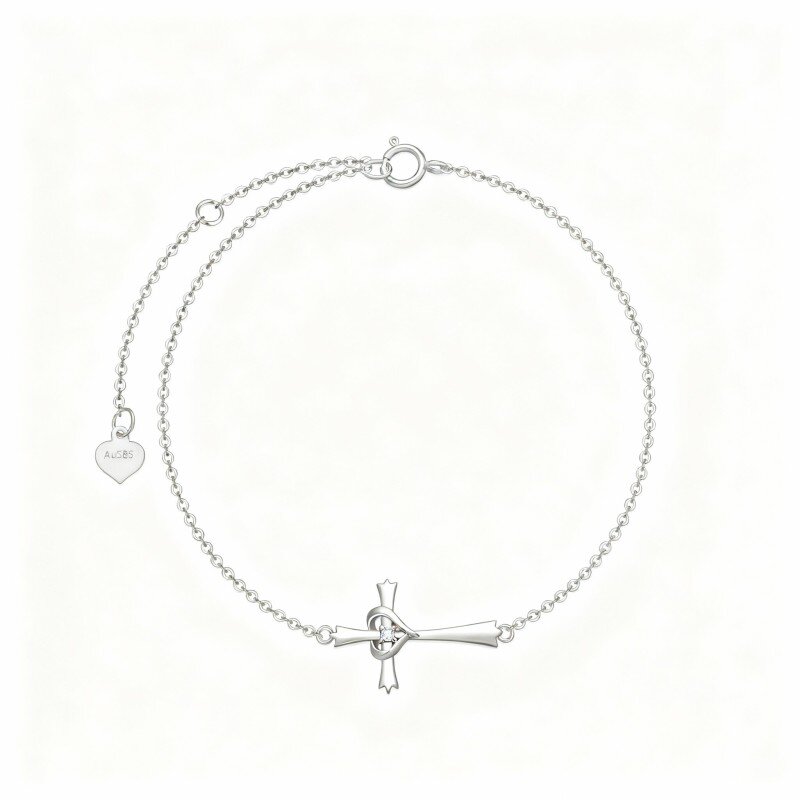 10K White Gold Round Cut Cubic Zirconia Cross & Heart Charm Bracelet-19