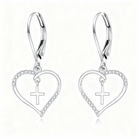 10K White Gold Round Cut Cubic Zirconia Cross & Heart Lever-back Earrings