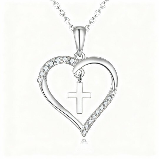 10K White Gold Round Cut Cubic Zirconia Cross & Heart Pendant Necklace