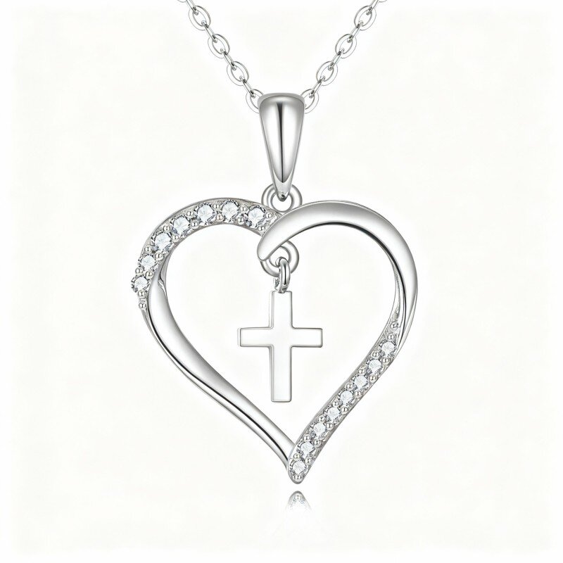 10K White Gold Round Cut Cubic Zirconia Cross & Heart Pendant Necklace-11