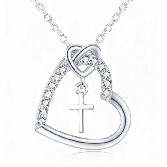 10K White Gold Round Cut Cubic Zirconia Cross & Heart Pendant Necklace