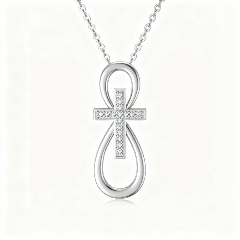 9K White Gold Round Cut Cubic Zirconia Cross & Infinity Symbol Pendant Necklace-9