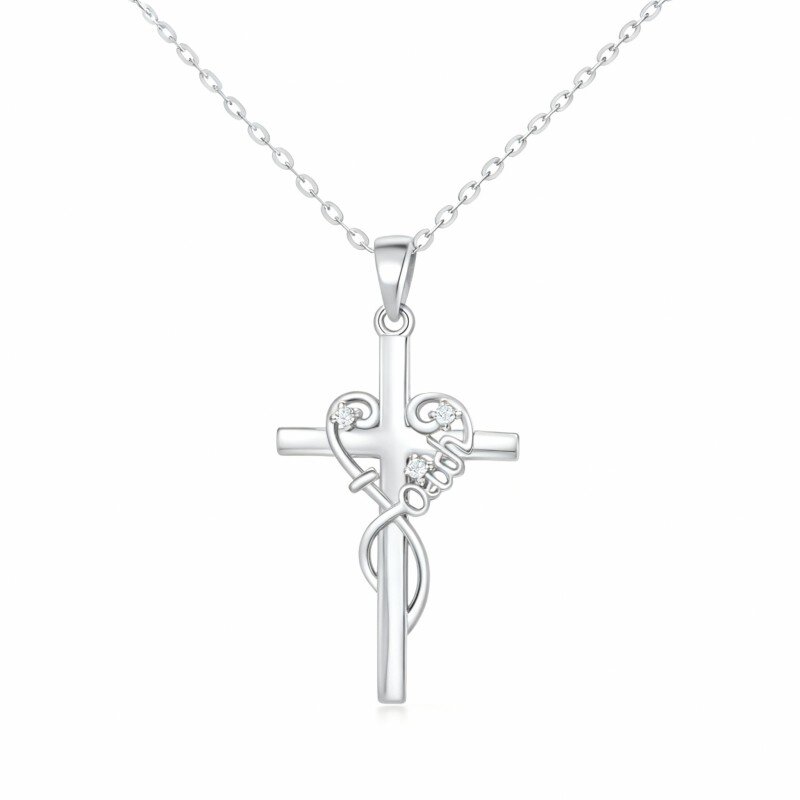 Colar com pendente de cruz em ouro branco de 10 quilates com zircónia cúbica de corte redondo-17
