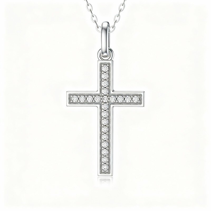 Colar com pendente de cruz em ouro branco de 10 quilates com zircónia cúbica de corte redondo-15