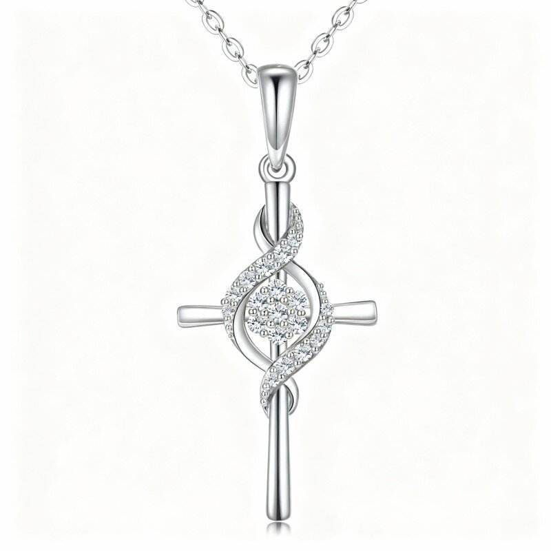 Collana con ciondolo a croce in oro bianco 10 carati con zirconi cubici taglio rotondo-20