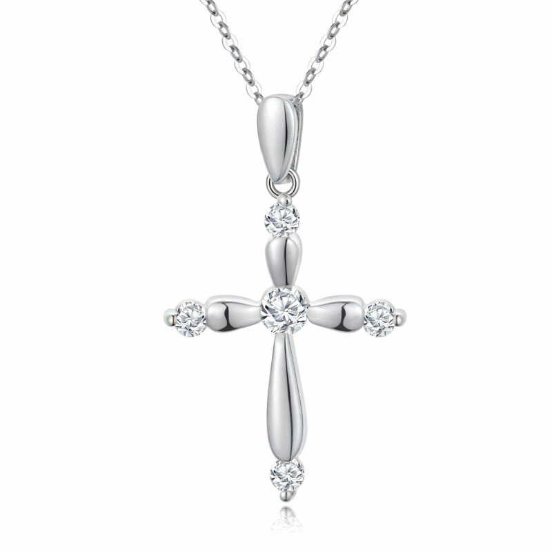 Collana con ciondolo a croce in oro bianco 10 carati con zirconi cubici taglio rotondo-18