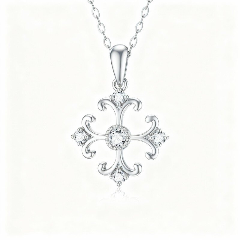 Colar com pendente de cruz em ouro branco de 10 quilates com zircónia cúbica de corte redondo-16