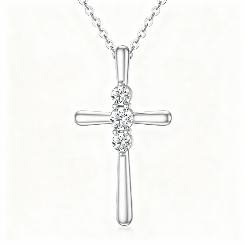 Platinum with White Gold Plated Round Cut Cubic Zirconia Cross Pendant Necklace-1