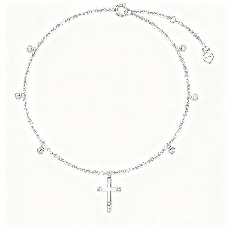 10K White Gold Round Cut Cubic Zirconia Cross Single Layer Charm Anklet-2