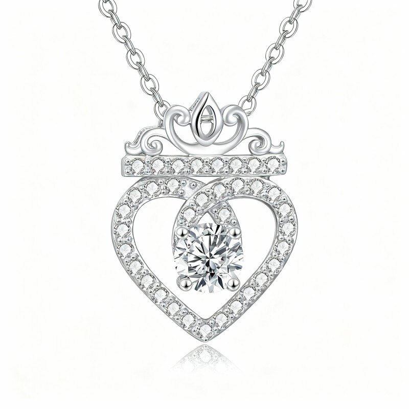 Collar con colgante de corona y corazón de circonita cúbica de talla redonda en oro blanco de 14 quilates-1
