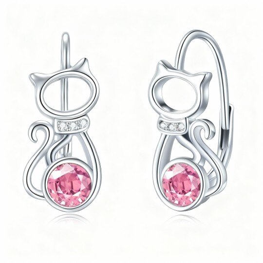 10K White Gold Round Cut Crystal Cat Lever-back Earrings