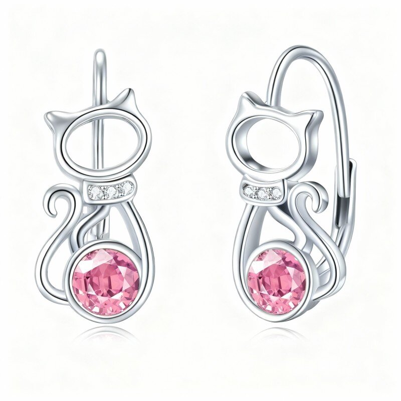 Brincos de gato com fecho de alavanca em ouro branco de 10 quilates e cristal de corte redondo-13