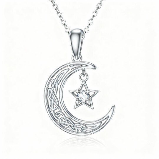 10K White Gold Round Cut Crystal Moon Pendant Necklace