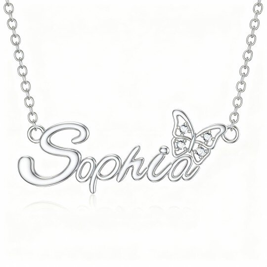 Colar com pendente de borboleta clássico personalizado com nome, em ouro branco 10K, cristal de corte redondo e personalização com o nome.