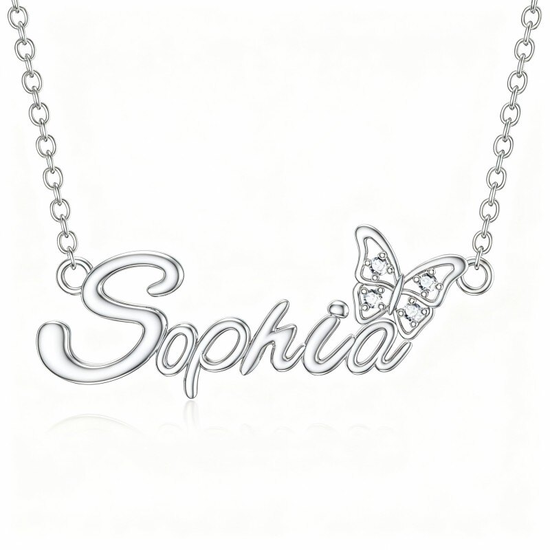 Collar con colgante de mariposa clásico personalizado con nombre en oro blanco de 10 quilates, cristal de talla redonda y nombre-17