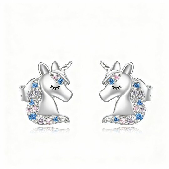 10K White Gold Round Cut Crystal Unicorn Stud Earrings
