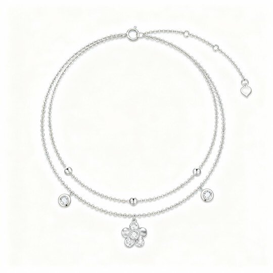 10K White Gold Round Cut Cubic Zirconia Daisy Multi-layered Charm Anklet