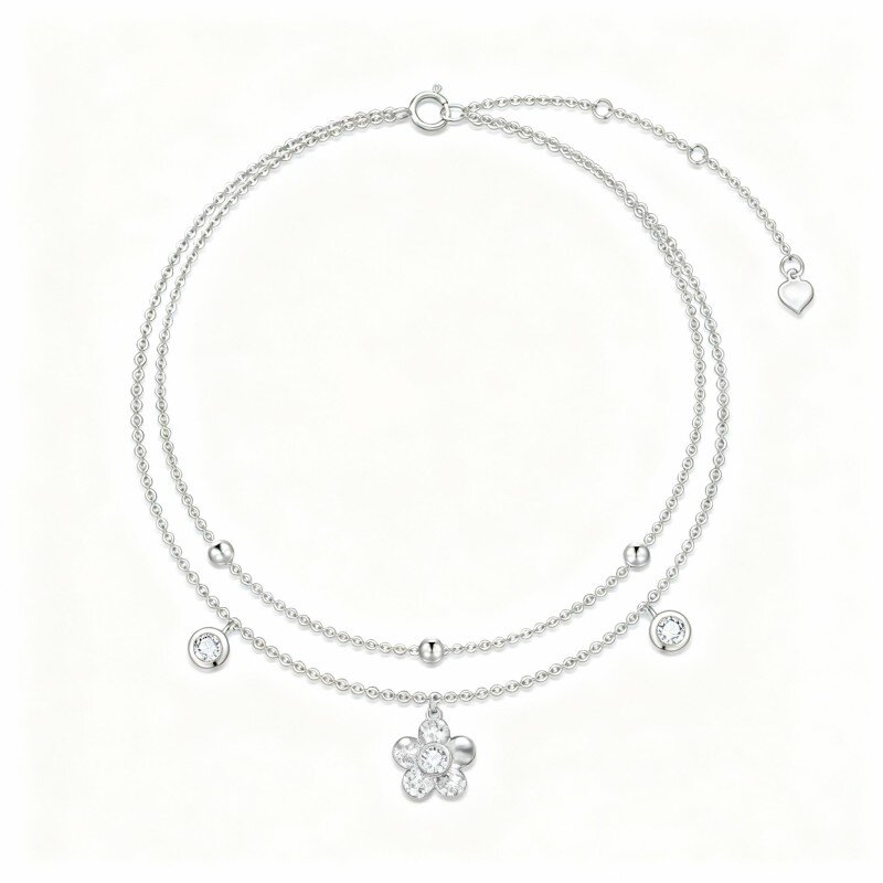 10K White Gold Round Cut Cubic Zirconia Daisy Multi-layered Charm Anklet-13