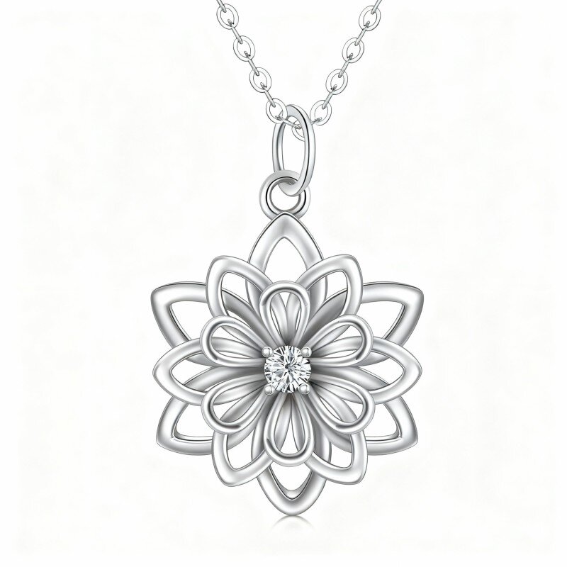 9K White Gold Round Cut Cubic Zirconia Daisy Pendant Necklace-1