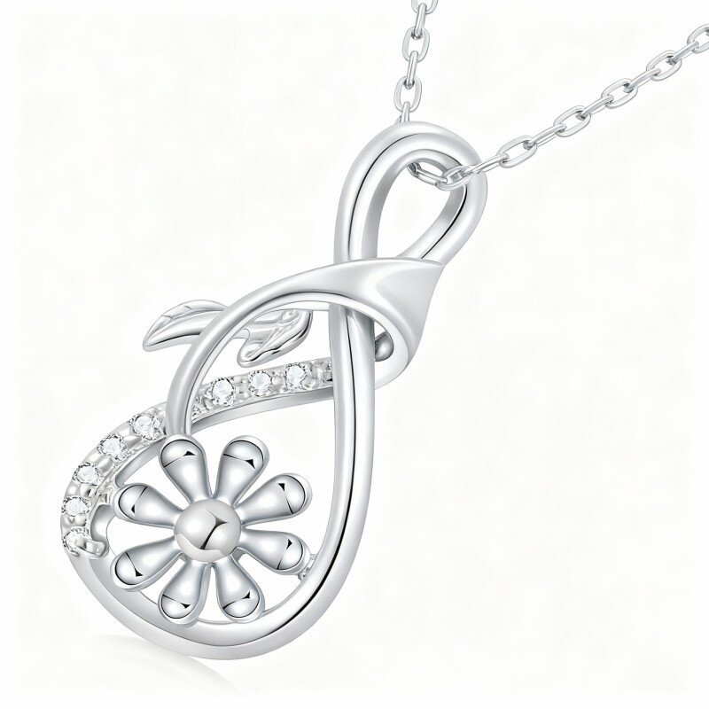 10K White Gold Round Cut Cubic Zirconia Daisy Pendant Necklace-2