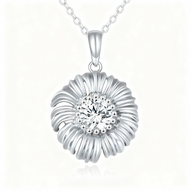 Collar con colgante de margarita de circonita cúbica de corte redondo en oro blanco de 18 quilates-1
