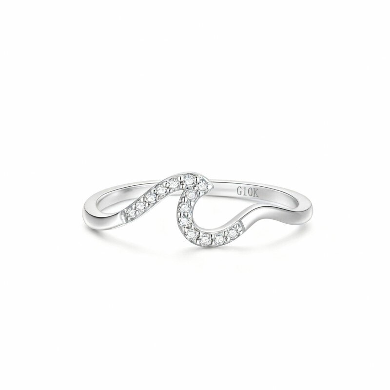Anillo de compromiso personalizado con forma de onda sonora en oro blanco de 10 quilates con diamante de talla redonda-6