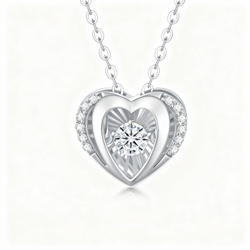 10K White Gold Round Cut Diamond Heart Pendant Necklace-5