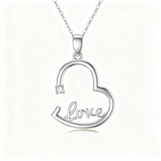 10K White Gold Round Cut Diamond Heart Pendant Necklace with Engraved Word