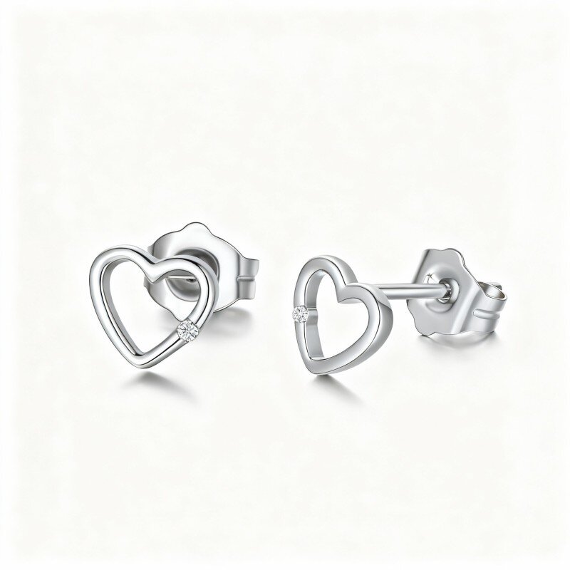 10K White Gold Round Cut Diamond Heart Stud Earrings-14