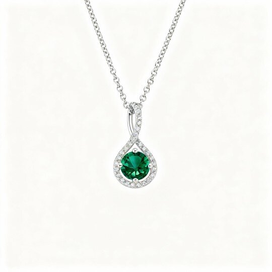 10K White Gold Round Cut Diamond & Lab Created Emerald Couple Pendant Necklace