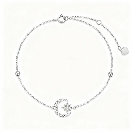 10K White Gold Round Cut Diamond Moon & Star Single Layer Charm Anklet