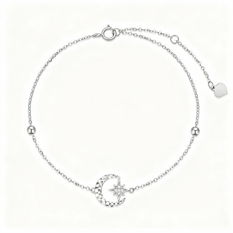 14K White Gold Round Cut Diamond Moon & Star Single Layer Charm Anklet-1