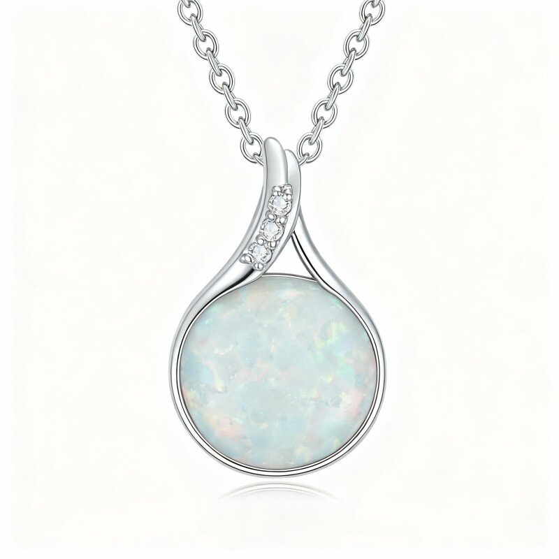 10K White Gold Round Cut Diamond & Opal Pendant Necklace-1
