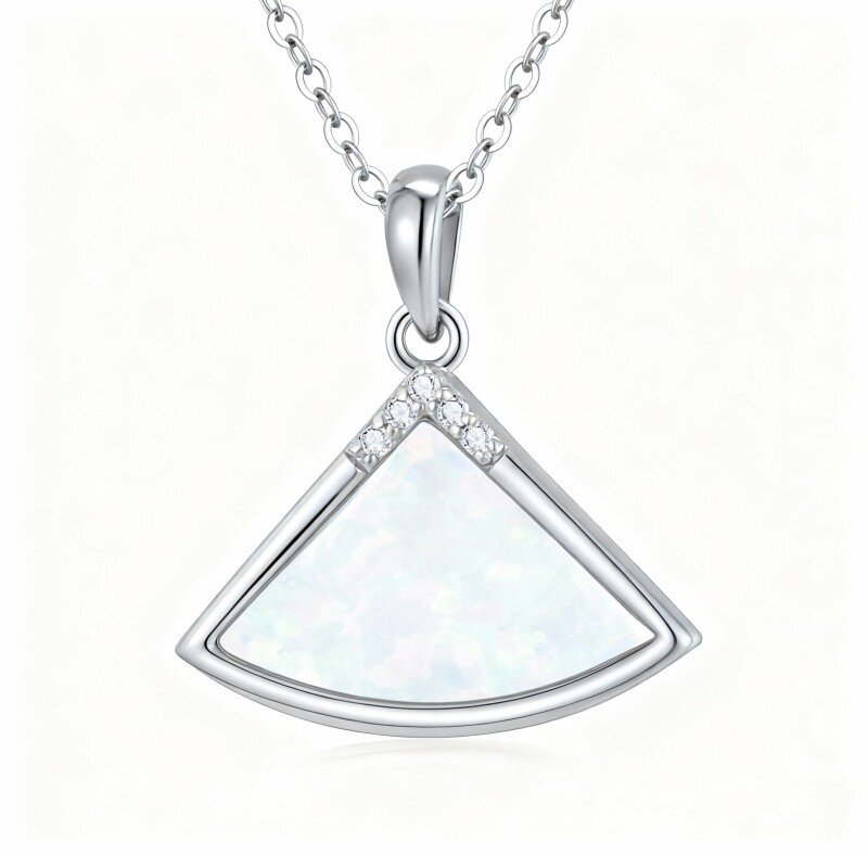 10K White Gold Round Cut Diamond & Opal Sector Pendant Necklace-16
