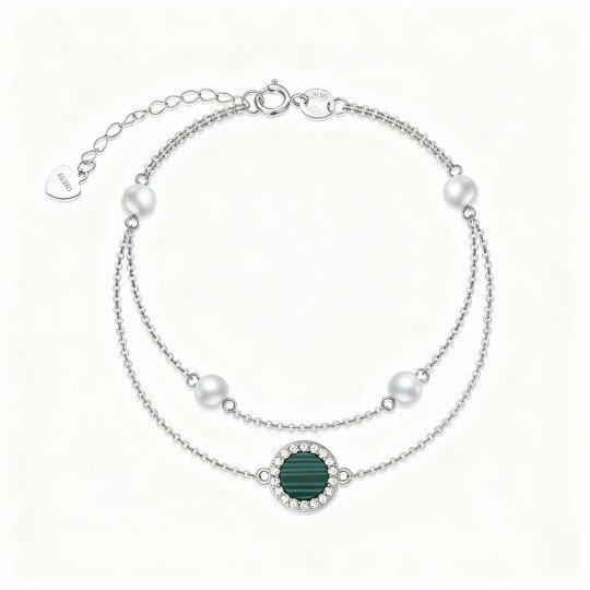 Pulseira em camadas redonda de ouro branco 10K com diamantes de lapidação redonda, pérolas e malaquite.