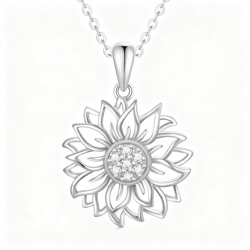 Collana con ciondolo a forma di girasole in oro bianco 9K con diamanti taglio rotondo-15