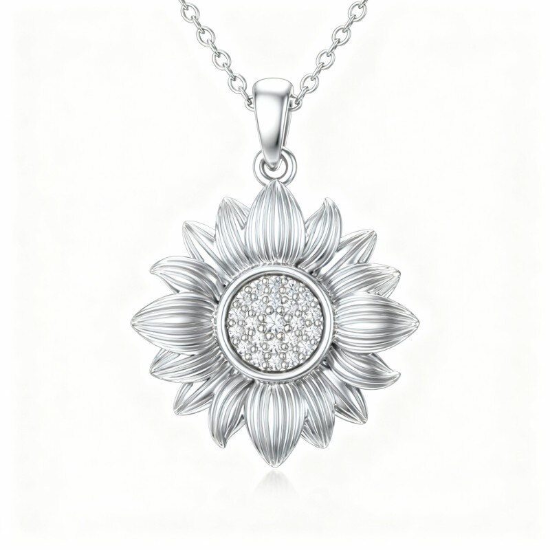 Halskette mit Sonnenblumenanhänger aus 18-karätigem Weißgold und rundem Diamanten im Brillantschliff-1