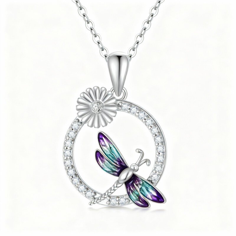 10K White Gold Round Cut Cubic Zirconia Dragonfly & Daisy Pendant Necklace-10