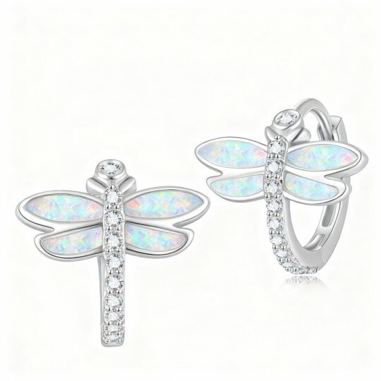 Brincos de argola em forma de libélula com zircónias cúbicas de corte redondo em ouro branco de 14 quilates.