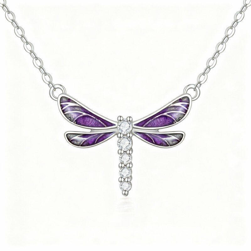 9K White Gold Round Cut Cubic Zirconia Dragonfly Pendant Necklace-9