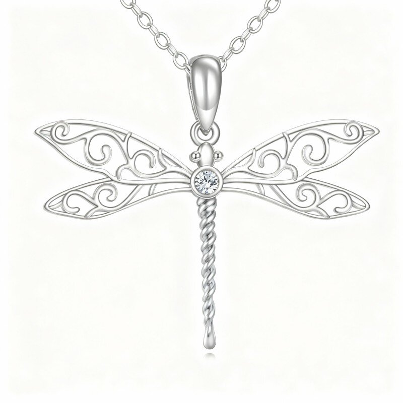 10K White Gold Round Cut Cubic Zirconia Dragonfly Pendant Necklace-2