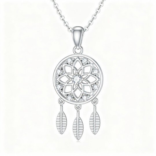 Colar com pendente de apanhador de sonhos em ouro branco 9K com zircónia cúbica de corte redondo