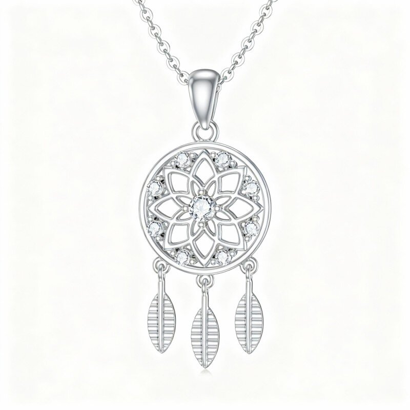 Colar com pendente de apanhador de sonhos em ouro branco 9K com zircónia cúbica de corte redondo-1