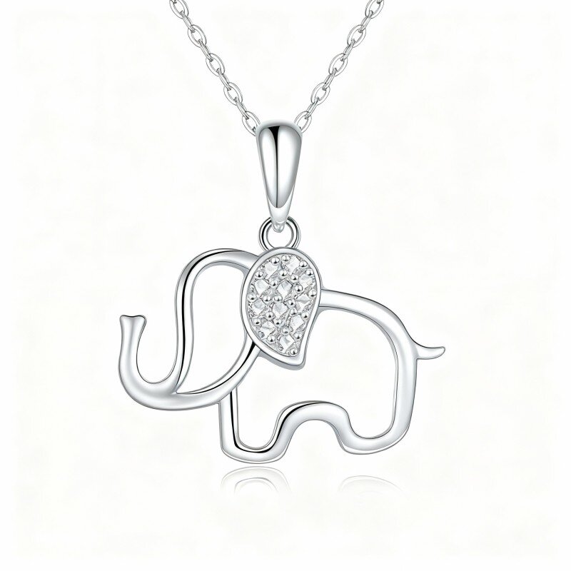10K White Gold Round Cut Cubic Zirconia Elephant Pendant Necklace-18